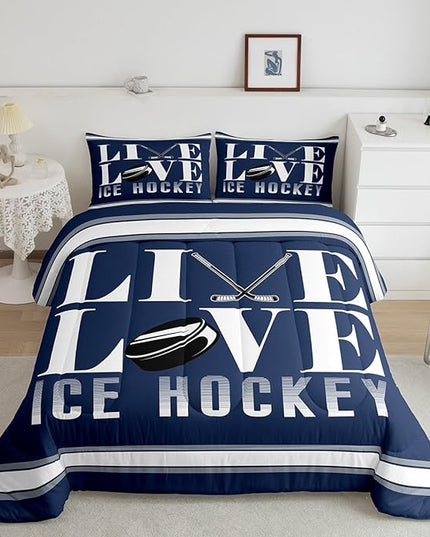 Feelyou Ice Hockey Bedding Set Twin Size Ice Sports Games Comforter Set for Kids Boys Girls Decor Hockey Player Comforter Microfiber Puck Hockey Duvet Set Bedroom Quilt Set - LeafyLoom
