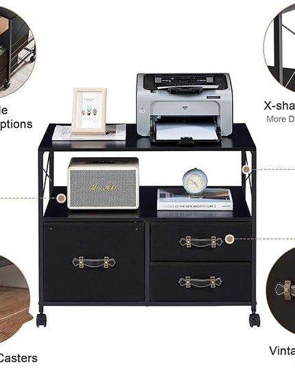 VECELO Fabric Lateral Filing Cabinet Rolling Printer Fits Letter Size, 3 Drawers Mobile Stand with Open Storage Shelf,for Home Office,Vintage Black - LeafyLoom