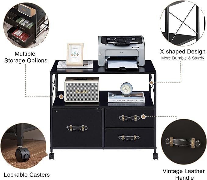 VECELO Fabric Lateral Filing Cabinet Rolling Printer Fits Letter Size, 3 Drawers Mobile Stand with Open Storage Shelf,for Home Office,Vintage Black - LeafyLoom