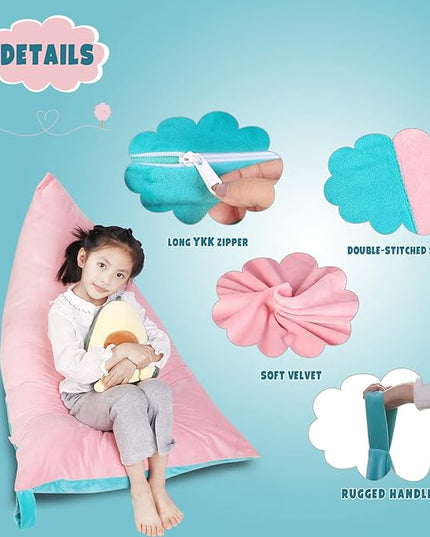 Stuffed Animal Storage Bean Bag Chair Cover, Velvet Pink Lake Blue Plush Toy Storage Stuff and Sit Seat for Kids/Teens/Adults, 52" x 31" Extra Large Triangle Floor Sofa, 200L/52Gal, Cover Only - LeafyLoom