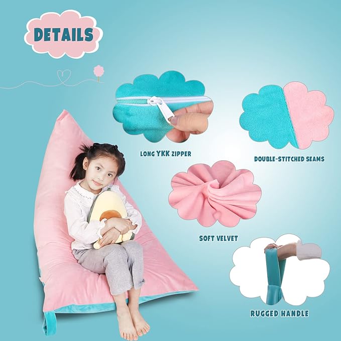 Stuffed Animal Storage Bean Bag Chair Cover, Velvet Pink Lake Blue Plush Toy Storage Stuff and Sit Seat for Kids/Teens/Adults, 52" x 31" Extra Large Triangle Floor Sofa, 200L/52Gal, Cover Only - LeafyLoom
