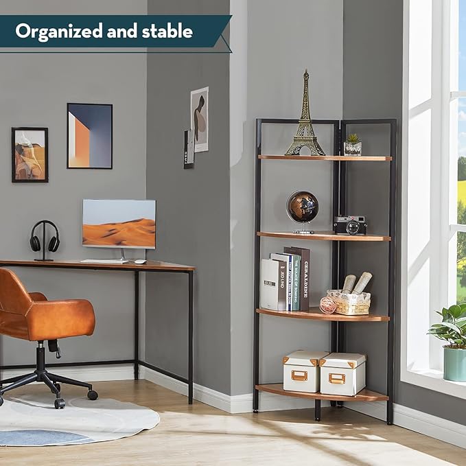 SAYGOER Corner Bookshelf 4 Tier Stand Storage Shelf Modern Black Bookcase Ladder Standing Shelves Display Rack Plant Stand for Small Spaces, Bedroom, Living Room,Walnut Oak - LeafyLoom