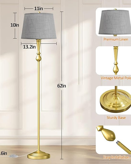 Gold Floor Lamp for Living Room with 3 Color Temperatures, Elegant Vintage Standing Lamp with Grey Linen Lampshade, Modern Floor Lamp for Bedroom, Office, 9W LED Bulb Included, Foot Switch - LeafyLoom
