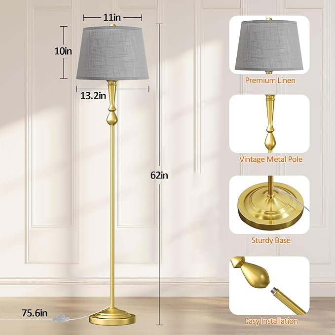 Gold Floor Lamp for Living Room with 3 Color Temperatures, Elegant Vintage Standing Lamp with Grey Linen Lampshade, Modern Floor Lamp for Bedroom, Office, 9W LED Bulb Included, Foot Switch - LeafyLoom