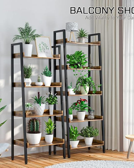 ASTARTH Ladder Shelf-5 Tier Bookshelves w/Open Shelf for Storage, Industrial Bookshelf & Tall Ladder Shelf-Metal Frame for Bedroom, Living Room, Kitchen-67.3'' H, Easy Assembly, Rustic Brown - LeafyLoom