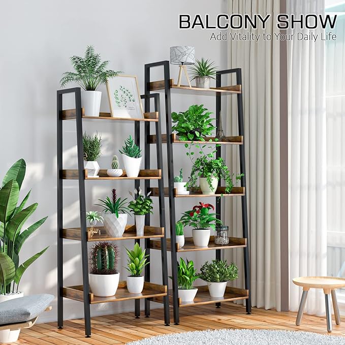 ASTARTH 4 Tier Bookshelves Ladder Bookshelf w/Open Shelf for Storage, Ladder Shelf & Bookcases for Bedroom, Living Room, Kitchen, Small Space-56.7'' H, Easy Assembly, Rustic Brown - LeafyLoom