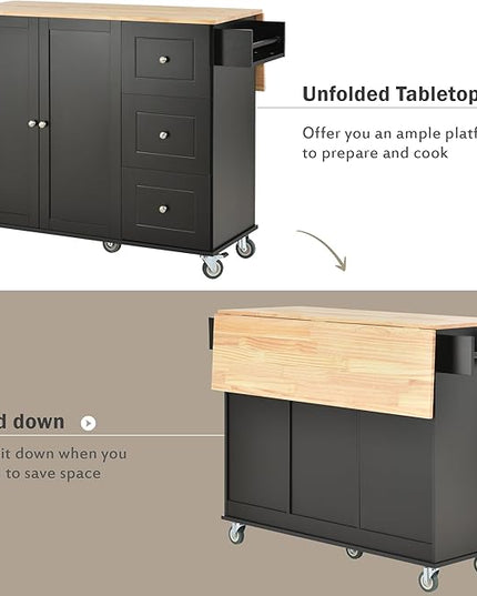 Kitchen Cart with Wood Top and Drop Leaf Breakfast Bar, Rolling Mobile Kitchens Island w/Storage and Towel Rack, Large Storage Cabinet Table for Dinning Room - LeafyLoom