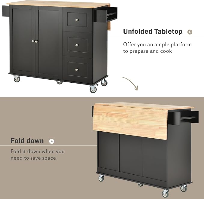Kitchen Cart with Wood Top and Drop Leaf Breakfast Bar, Rolling Mobile Kitchens Island w/Storage and Towel Rack, Large Storage Cabinet Table for Dinning Room - LeafyLoom