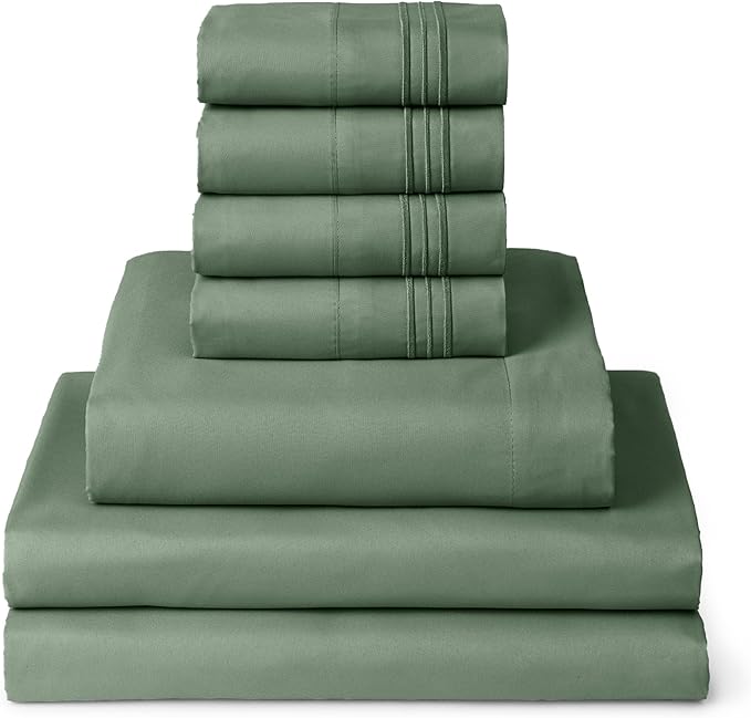 Mellanni Split King Sheets Set - 7 PC Iconic Collection Bedding Sheets & Pillowcases - Luxury, Ultra Soft, Cooling Bed Sheets - Deep Pocket up to 16 inch - 7 PC (Split King, Sage w/Extra Pillow Cases) - LeafyLoom
