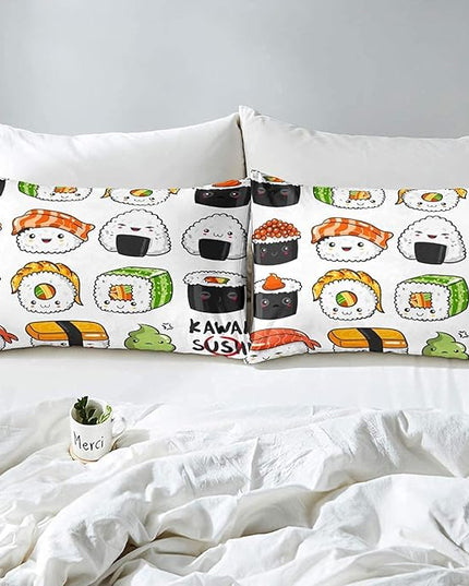 Erosebridal Sushi Pattern Comforter Set Queen, Japanese Style Down Comforter, Food Theme Quilted Duvet for Kids Boys Girls Teens, Cute Cartoon Japanese Sushi Quilt Set Room Decorative - LeafyLoom