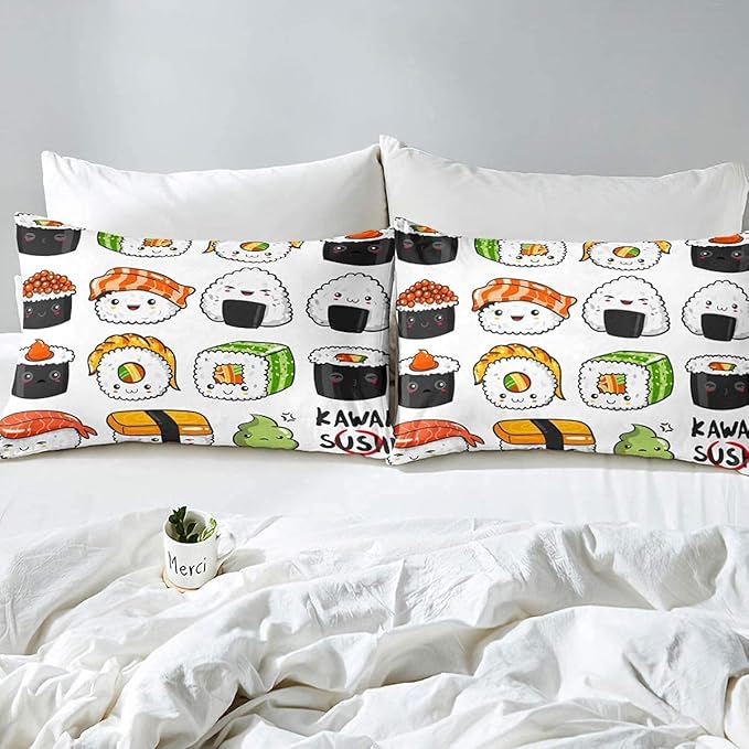 Erosebridal Sushi Pattern Comforter Set Full, Japanese Style Down Comforter, Food Theme Quilted Duvet for Kids Boys Girls Teens, Cute Cartoon Japanese Sushi Quilt Set Room Decorative - LeafyLoom