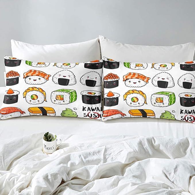 Erosebridal Kawaii Sushi Pattern Comforter Set Twin, Japanese Style Down Comforter, Food Theme Quilted Duvet for Kids Boys Girls Teens, Cute Cartoon Japanese Sushi Quilt Set Room Decorative - LeafyLoom