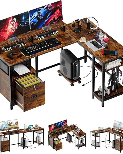 IDEALHOUSE 67" L Shaped Computer Desk with Drawers, Reversible Home Office Desk with Power Outlet, Adjustable Shelf and Mobile CPU Stand, Gaming Desk for Work, Home Office Corner Desk, Rustic Brown - LeafyLoom