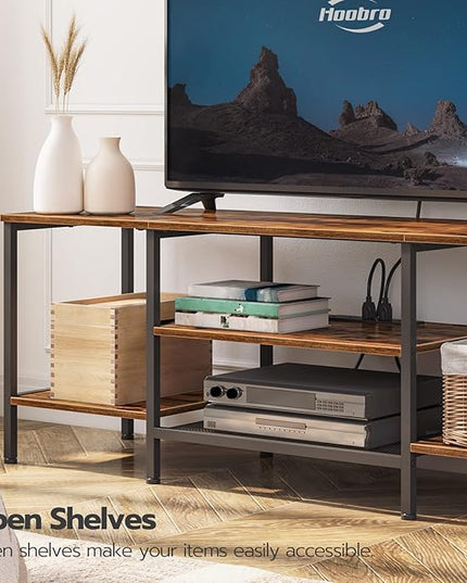 HOOBRO TV Stand with Power Outlets to 75 Inches, TV Console Table with Open Storage Shelves Cabinet, Industrial Media Entertainment Center for Living Room Bedroom, Rustic Brown and Black BF80DS01 - LeafyLoom