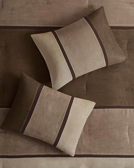 Madison Park Palisades Comforter Set Modern Faux Suede Pieced Stripe Design, All Season Down Alternative Cozy Bedding with Matching Shams, Decorative Pillows, Queen(90"x90"), Brown 7 Piece - LeafyLoom