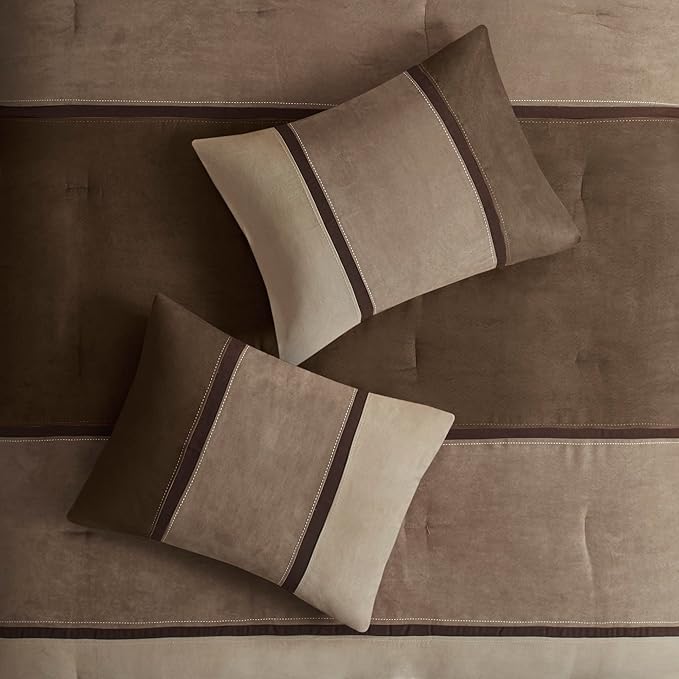 Madison Park Palisades Comforter Set Modern Faux Suede Pieced Stripe Design, All Season Down Alternative Cozy Bedding with Matching Shams, Decorative Pillows, Queen(90"x90"), Brown 7 Piece - LeafyLoom