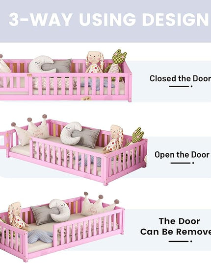 Multifunctional Twin Size Floor Bed with Safety Guardrails and Door, Removable Wood Slats, Montessori Beds Frame for Toddlers, for Boys and Girls, Pink - LeafyLoom
