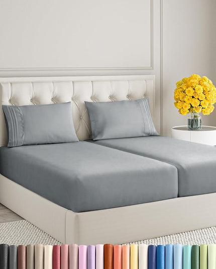 Split King Size 5 Piece Sheet Set - Comfy Breathable & Cooling Sheets - Hotel Luxury Bed Sheets for Women & Men - Deep Pockets, Easy-Fit, Soft & Wrinkle Free Sheets - Steel Blue Oeko-Tex Bed Sheet Set - LeafyLoom