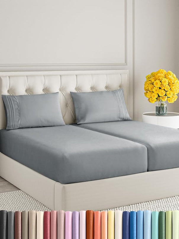 Split King Size 5 Piece Sheet Set - Comfy Breathable & Cooling Sheets - Hotel Luxury Bed Sheets for Women & Men - Deep Pockets, Easy-Fit, Soft & Wrinkle Free Sheets - Steel Blue Oeko-Tex Bed Sheet Set - LeafyLoom