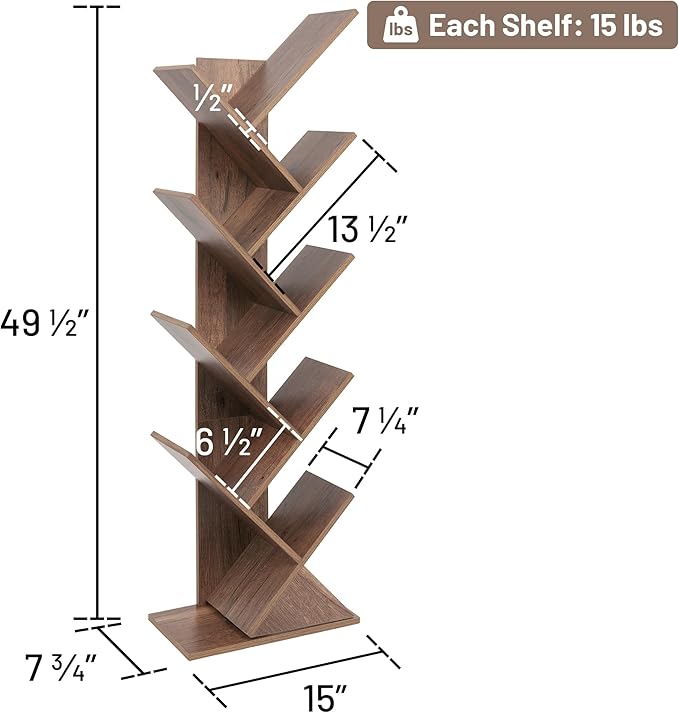 Labcosi 8 Tier Tree Bookshelf, Floor Standing Wood Tree Bookcase, Tall Book Storage Rack for Books/CDs, Book Organizer Shelves for Home Office, Bedroom, Living Room - LeafyLoom