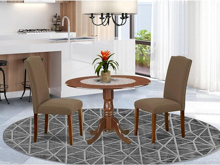 East West Furniture Dublin 3 Piece Room Furniture Set Contains a Round Dining Table with Dropleaf and 2 Dark Coffee Linen Fabric Parsons Chairs, 42x42 Inch, DLEN3-MAH-18 - LeafyLoom