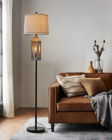 63" Floor Lamps for Living Room Bedside Nightstand Lamp Black Tall Standing Lamp for Home Decor Bedroom Reading Lamp Farmhouse Rustic Bed Lights with 2 Light Sources - LeafyLoom