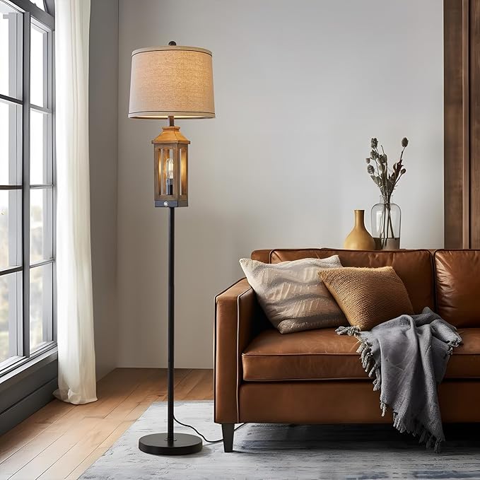 63" Floor Lamps for Living Room Bedside Nightstand Lamp Black Tall Standing Lamp for Home Decor Bedroom Reading Lamp Farmhouse Rustic Bed Lights with 2 Light Sources - LeafyLoom