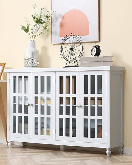 HOMCOM Sideboard, Buffet Cabinet with 4 Tempered Glass Doors, Stripe Pattern and Adjustable Storage Shelf, Credenza, White - LeafyLoom