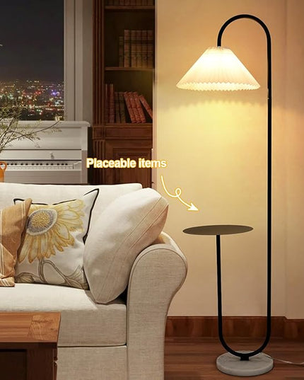 Modern Elegant with Tray Floor Lamp for Office Cafe Den Living Room Bedroom, Foot Switch and Black Paint, White Pleated Cloth Lampshade - LeafyLoom