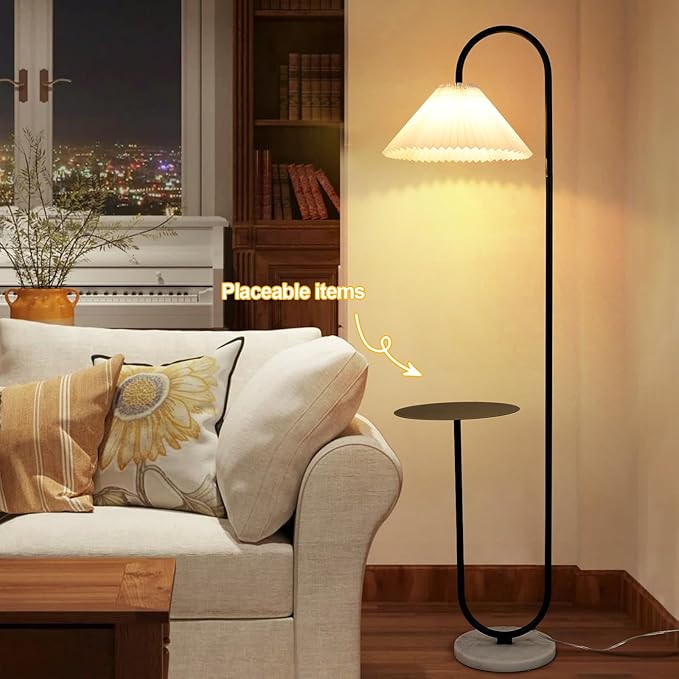 Modern Elegant with Tray Floor Lamp for Office Cafe Den Living Room Bedroom, Foot Switch and Black Paint, White Pleated Cloth Lampshade - LeafyLoom