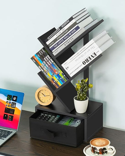 Small Book Shelf with Drawer,4 Tier Black Tree Bookshelf,Wooden Desktop Bookcase,Modern Desk Display Storage Bookshelves,Floor Standing Organizer Bookcases for Living Room,Bedroom,Office - LeafyLoom