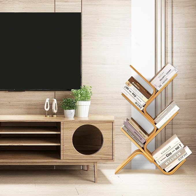 5-Tier Floor Bamboo Tree Bookshelf, Modern Standing Bookcase Office Book Storage Creative Curved Rack Organizer Shelves, Book Shelf Space Saver for Home Living Room Corner Bedroom - LeafyLoom