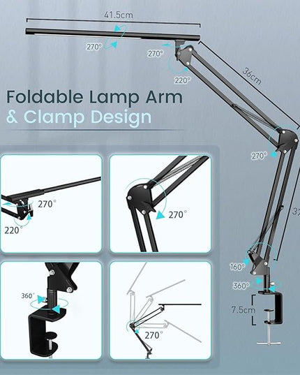 LED Desk Lamp, Desk Light for Home Office, Architect Light, Eye-Caring Optical Lens,Table Lamp, 5 Color Modes & Brightness, Clamp Lamp with Memory Function for Drafting Reading Study, Black - LeafyLoom