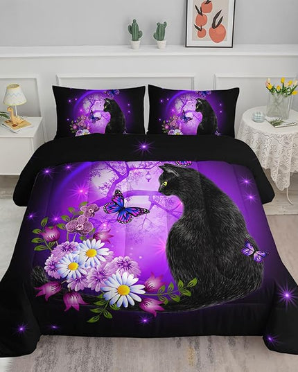 Black Cat Bedding Cartoon Cat Comforter Set Twin,Daisy Butterflies Printed Kids Bedding Set for Kids Boys Girls Adults Room Decor,Kids Comforter Set All Season,1 Quilt 2 Pillow Cases,Purple - LeafyLoom