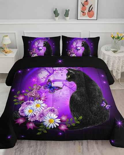 Black Cat Bedding Cartoon Cat Comforter Set Full,Daisy Butterflies Printed Kids Bedding Set for Kids Boys Girls Adults Room Decor,Kids Comforter Set All Season,1 Quilt 2 Pillow Cases,Purple - LeafyLoom