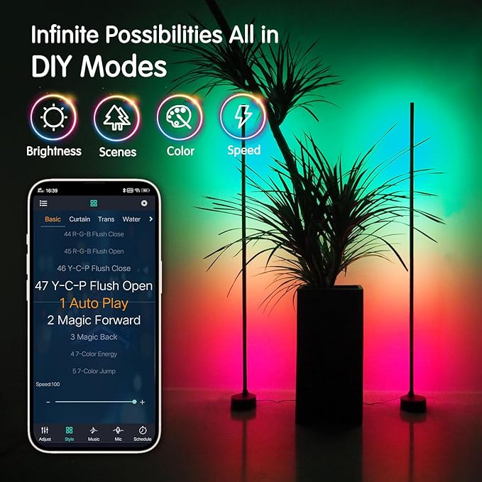 AIZAWA Led Corner Lamp, RGBICW Color Changing Corner Floor Lamp with Remote and App Control, Creative DIY Modes, Music Sync, Led Corner Light for Living Room, Bedroom, and Gaming Room - LeafyLoom