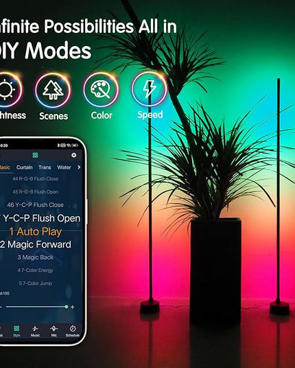 AIZAWA Led Corner Lamp 2-Pack, RGBICW Color Changing Floor Lamp with App and Remote Control, Creative DIY Modes, Music Sync, Led Corner Light for Living Room, Bedroom, and Gaming Room - LeafyLoom