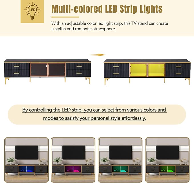 Merax Stylish LED TV Stand for Televisions Up to 78'', Entertainment Center with Brown Glass Storage Cabinet, Marble-veined Table Top, Golden Legs & Handles for Living Room, Black - LeafyLoom