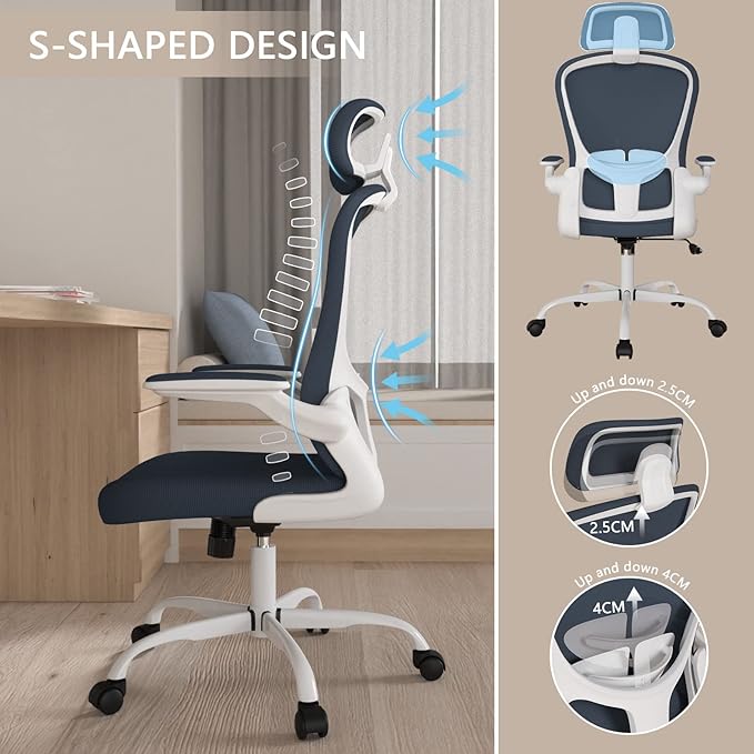 Office Chair, High Back Ergonomic Desk Chair, Breathable Mesh Desk Chair with Adjustable Lumbar Support and Headrest, Swivel Task Chair with flip-up Armrests, Executive Chair for Home Office - LeafyLoom