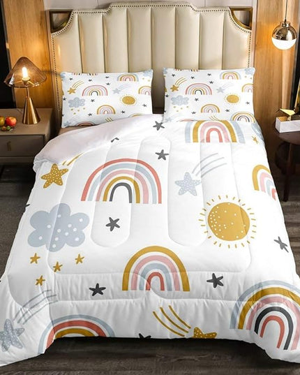 Erosebridal Girls Rainbow Bedding Set, Sun and Stars Comforter Set Twin Size for Kids Boys Children Cartoon Style Cloud Bedding Comforters Girly Soft Microfiber Duvet Insert for Bedroom Decor - LeafyLoom
