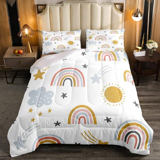Erosebridal Girls Rainbow Bedding Set, Sun and Stars Comforter Set Queen Size for Kids Boys Children Cartoon Style Cloud Bedding Comforters Girly Soft Microfiber Duvet Insert for Bedroom Decor - LeafyLoom