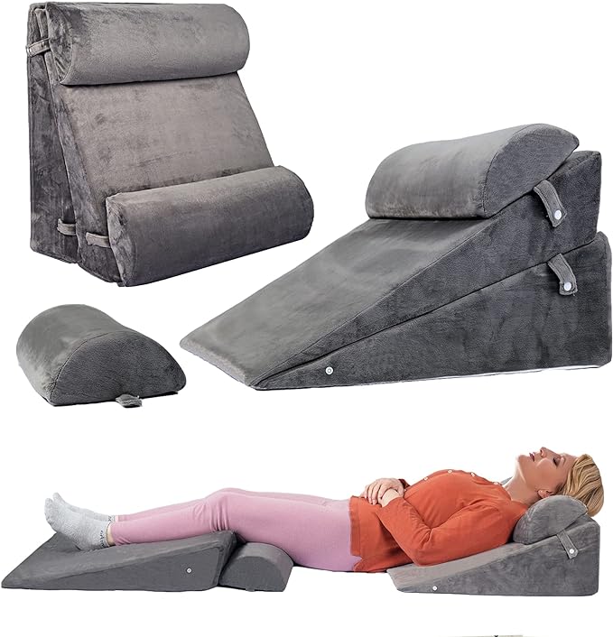 4PCS Adjustable Bed Wedge Pillow Sleeping Support Set 100% Memory Foam for Postoperative recovery, Back Neck Leg Support,Acid Reflux and GERD,Sitting Reading Dark Gray - LeafyLoom