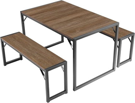 SHA CERLIN 3-Piece Dining Table Set with 2 Benches, Rustic Kitchen Table Set for 4-6, Space-Saving Dinette, Sturdy Structure, Easy Assemble, Brown/Grey - LeafyLoom