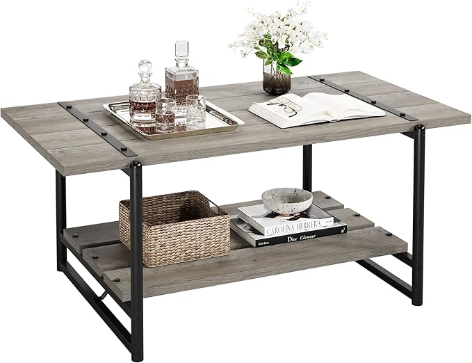 Towallmark 2-Tier Wood Coffee Table, Farmhouse Coffee Table with Storage Shelf- Rustic Metal Rectangle Center Living Room Coffee Table Accent Furniture for Home Office (Gray) - LeafyLoom