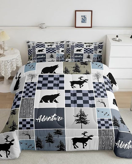 Deer Antler Comforter Set Full Size,Bear Rustic Farmhouse Adventure Bedding Set for Kids Boys Girls Adults Room Decor,Pine Trees Plaid Patchwork Down Comforter,Blue Xmas Duvet Insert,2 Pillowcases - LeafyLoom