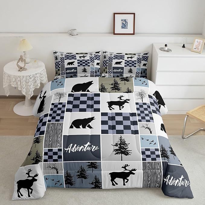 Deer Antler Comforter Set Full Size,Bear Rustic Farmhouse Adventure Bedding Set for Kids Boys Girls Adults Room Decor,Pine Trees Plaid Patchwork Down Comforter,Blue Xmas Duvet Insert,2 Pillowcases - LeafyLoom