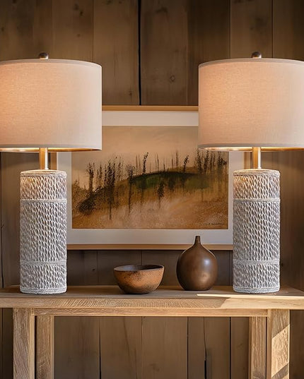 OYEARS 25.5 "Retro Farmhouse Table Lamps Set of 2 Woven Pattern Resin Bedside Lamps Classic Country Washed White Lamp for Bedroom Living Room Home Office - LeafyLoom