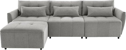 113.3" L-Shaped Sectional 3-Seat Sofa, Convertiblet Chenille Upholstered Couch with Movable Ottoman and two USB Ports for Apartment, Living Room, Bedroom, 113.3 Inch, Gray - LeafyLoom