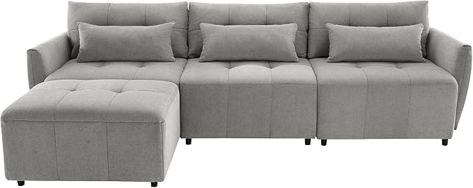 113.3" L-Shaped Sectional 3-Seat Sofa, Convertiblet Chenille Upholstered Couch with Movable Ottoman and two USB Ports for Apartment, Living Room, Bedroom, 113.3 Inch, Gray - LeafyLoom