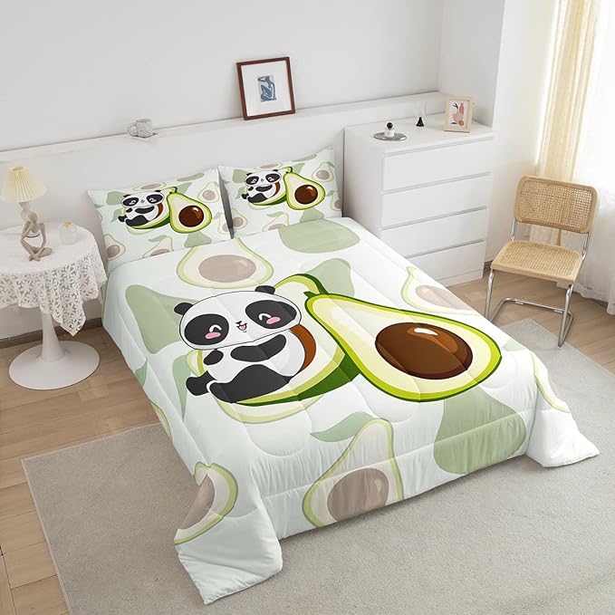 Erosebridal Panda Comforter Set Queen,Avocado Bedding Set Cute Black White Panda Bedding Bear Cat Bedding Comforter for Kids Boys Girls Green Tropical Fruit Quilt Duvet Set Room Decor 2 Pillow Cases - LeafyLoom